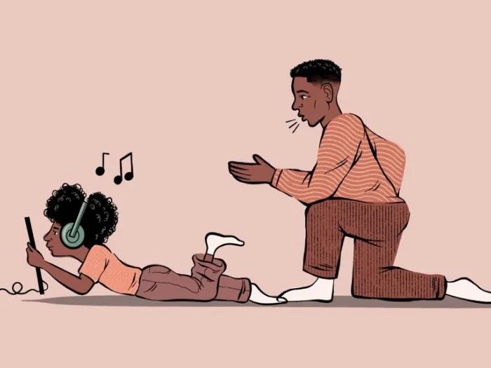 Drawing of parent trying to get child's attention who is listening to music on headphones