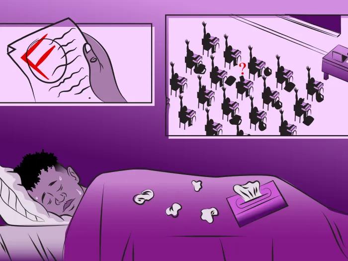 Illustration of teenager lying in bed while images above depict an F grade on paper and classroom