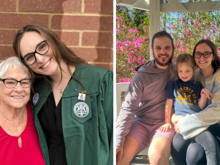 Woman poses with her family and after her college graduation