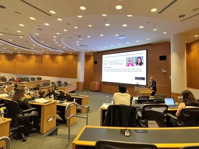 Pierre Coulombe, Ph.D., presents on "Live imaging of neutrophil infiltration in stressed skin in real time in vivo" at the 2022 UM-SBDRC Annual Symposium
