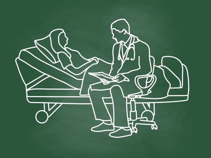 green background with white drawing of doctor at patient beside having conversation
