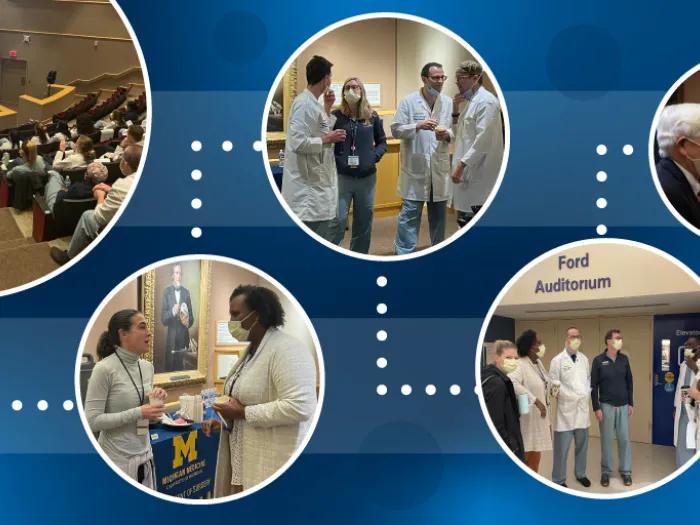 A graphic including multiple photos of doctors interacting
