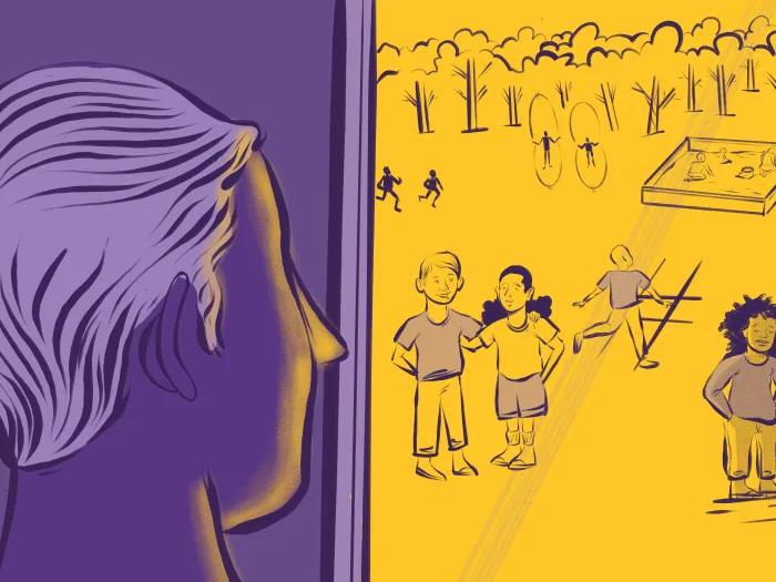 parent close up behind head looking in purple coloring outside door seeing four kids playing together or near eachother in yellow on playground 