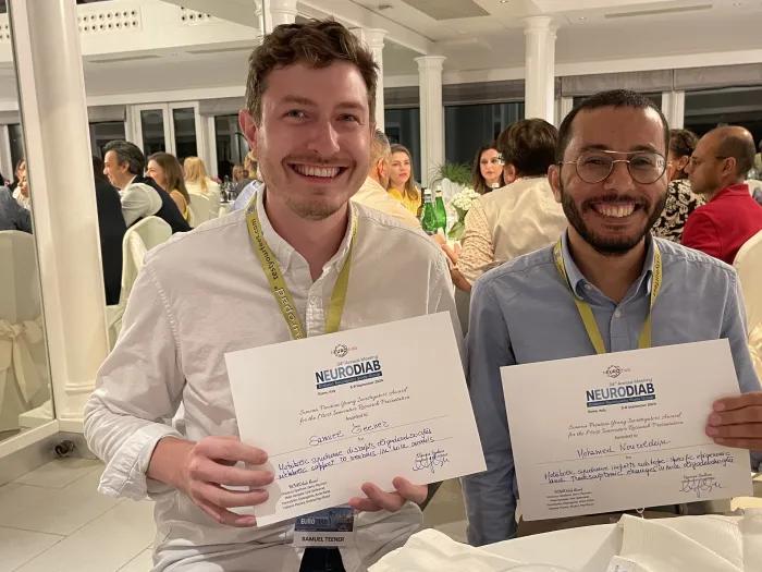 Sam Teener and Mohamed Noureldein after winning awards at NEUROdiab