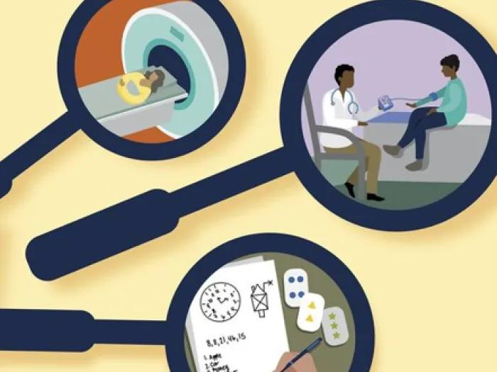 a yellow background with magnifying glasses showing different types of research opportunities