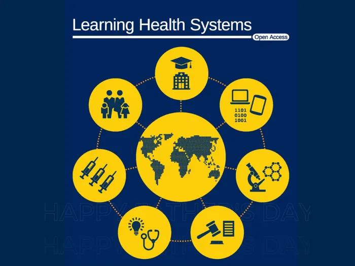 Infographic depicting interconnected elements of a Learning Health System with icons representing education, family, technology, research, and healthcare