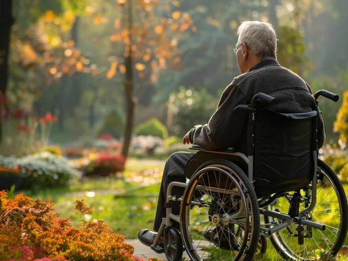 older man sitting in a wheelchair with his back to us outside in fall with a pile of leaves on the ground