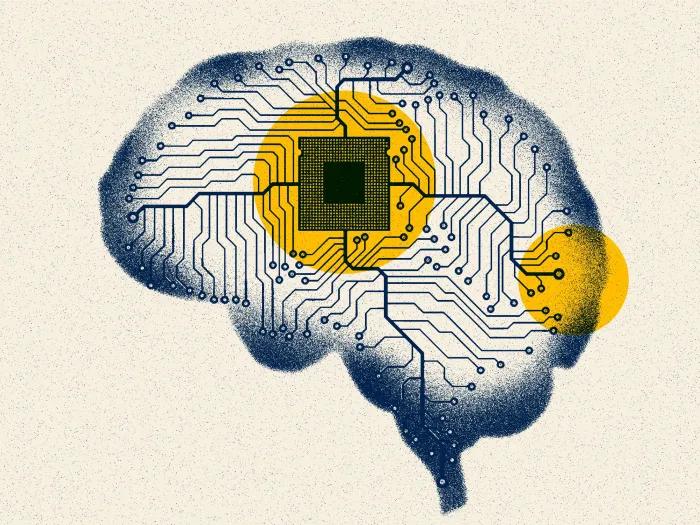 navy brain on off white background with artificial intelligence lines inside with yellow highlighted areas