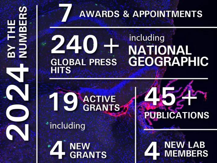 An infographic of the NeuroNetwork for Emerging Therapies accomplishments in numbers: 7 awards & appointments, over 240 press hits including National Geographic, over 45 publicaitons, 19 active grants and 4 new grants, plus 4 new lab members