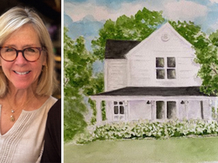woman on left smiling and house on right painted white with greenery
