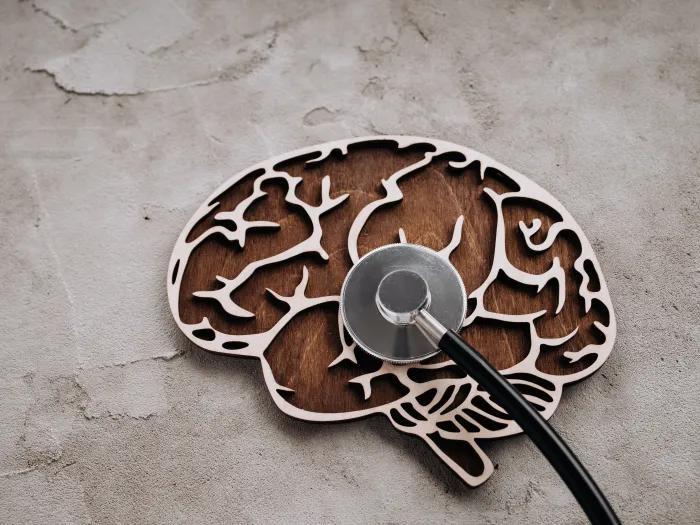Wood carving of a brain with a stethescope on top