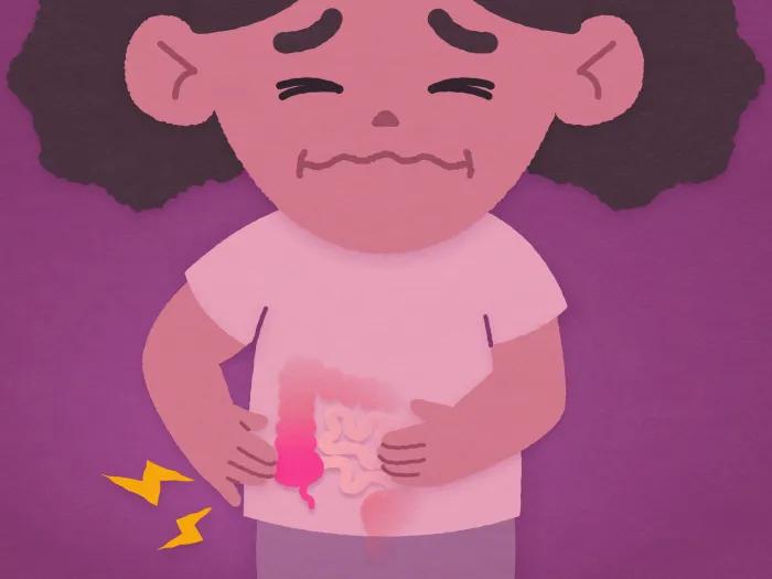 little girl in pain with pink background touching stomach and seeing inside red