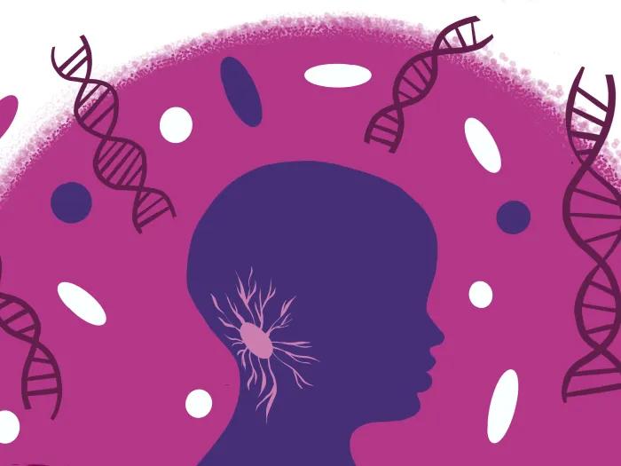 outline of a child and dna floating around purple shadowing some dark navy