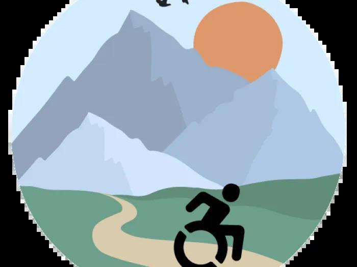 Disability Health Resources logo - person in a wheelchair moving at a fast clip on a nature trail with mountains, the sun and birds in the background
