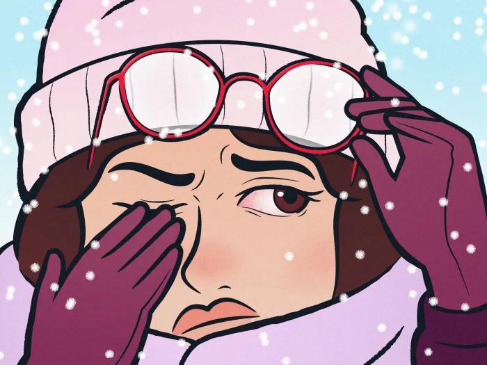 drawing close up of woman with red eyes and moving glasses up and snow falling and dressed in winter clothing purple