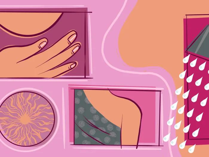 breast cancer checking graphic image in different pinks
