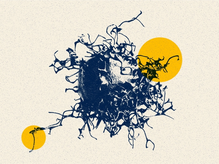 cancer cell drawing in blue some yellow off white background