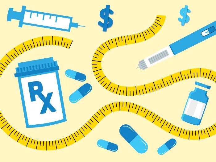 yellow background blue pills floating around and medicine shots