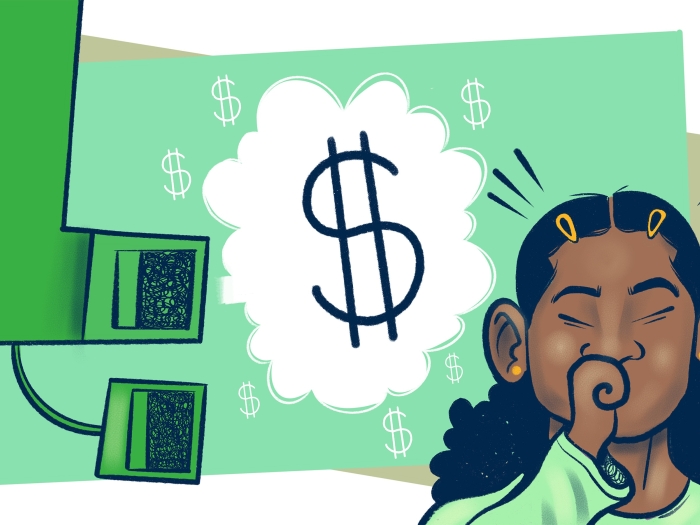 inhaler green money sign floating in cloud and little girl with black hair coughing 
