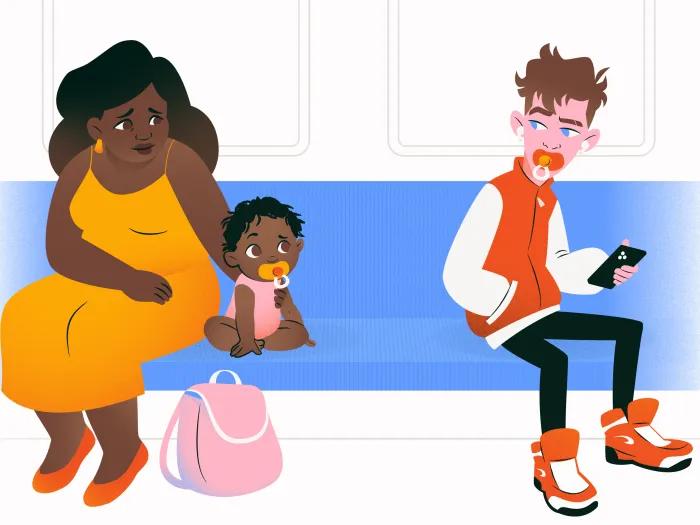mom and child with pacificer and older teen with pacifier in his mouth on other side of blue bench