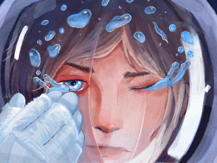 astronaut woman brushing tears away with astronaut glove and tear drops on the helment see through