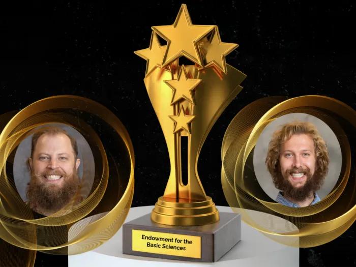 Headshots of EBS awardwinners with trophy