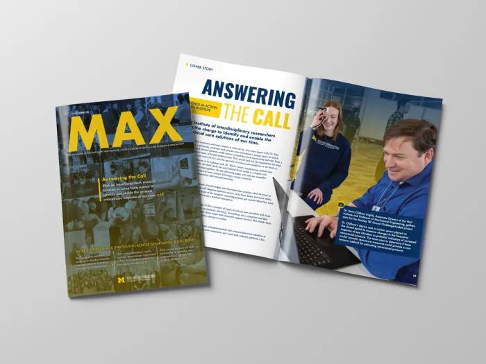 Image of two copies of MAX magazine. The copy on the left is closed to show the cover. The copy on the right is open to show an interior spread.