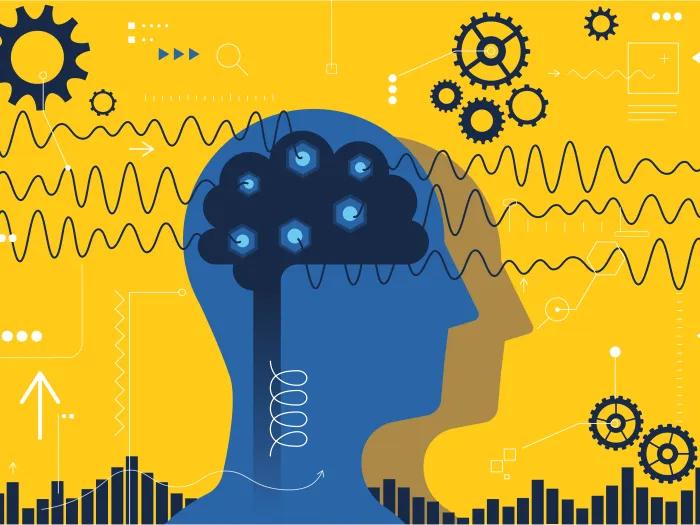 graphic with yellow background and blue face outline turned to right with brain and gears surrounding it representing thinking