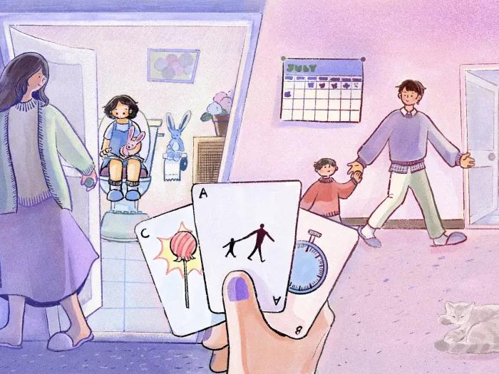 parents walking around with children near bathroom trying to help them potty train