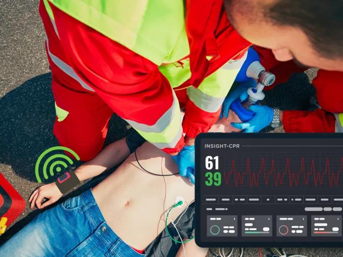 Photo of EMS responding to a cardiac arrest overlayed with illustrations of the INSIGHT-CPR cuff sensor and tablet readout.