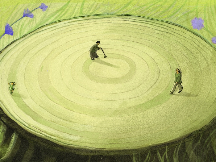 circle where older person and middle aged person and young child walking 