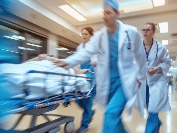 Doctors rushing through the hospital with a patient bed
