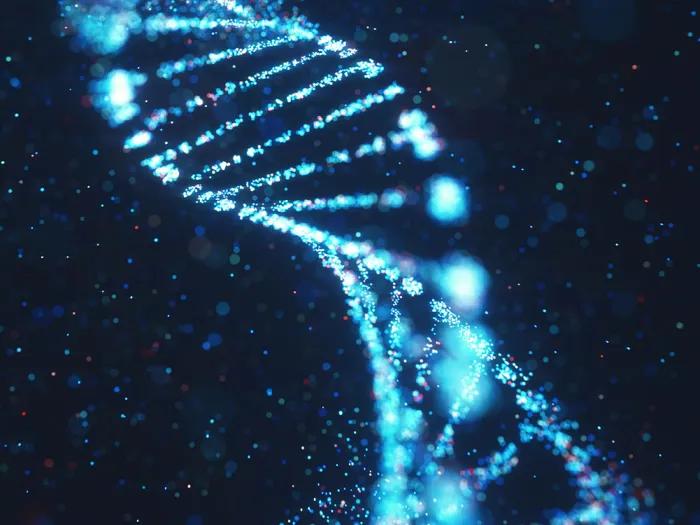 DNA helix dyed light blue on a black background