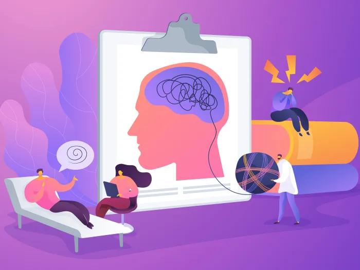 Illustration depicting mental health and therapy. In the center, there is a large clipboard with a drawing of a human head in profile, showing tangled lines inside the brain area, symbolizing confusion or mental distress. To the left, a person is lying on a therapy couch, talking, with a speech bubble showing a spiral. Next to them, a therapist sits on a chair taking notes on a laptop. On the right, another person sits on stacked books with their head in their hands and orange stress lines above their head.