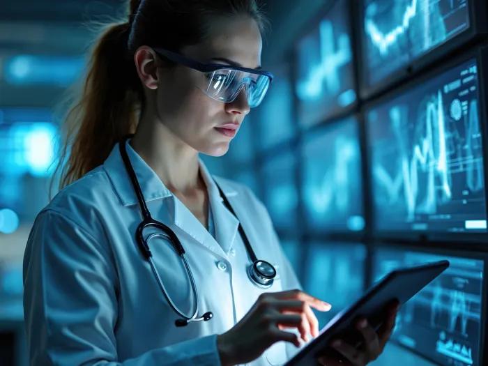 Female scientist examines data on tablet in modern lab