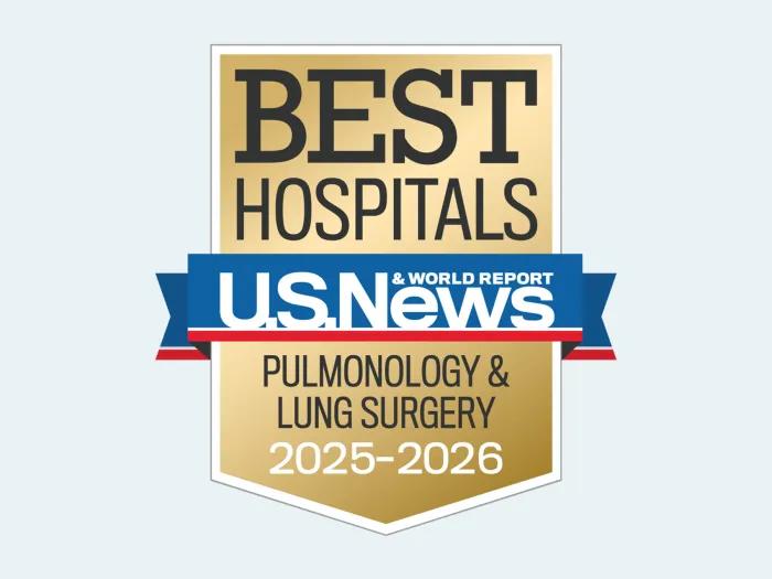Badge with text:  Best Hospitals U.S. News & World Report, Pulmonology & Lung Surgery 2025-2026