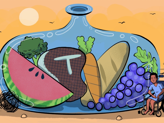 food in a glass bowl child outside of it in a desert drawing
