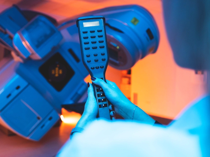 radiation technology in cool lighting setting dark blue orange red hues 