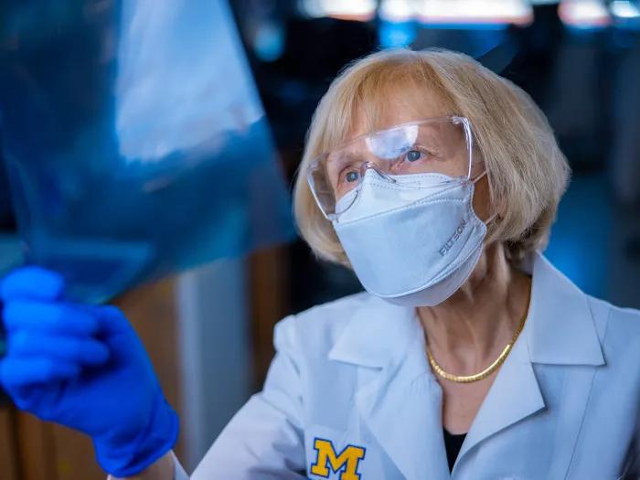 Dr. Eva Feldman holding up a film and looking at it in the lab of the NeuroNetwork for Emerging Therapies