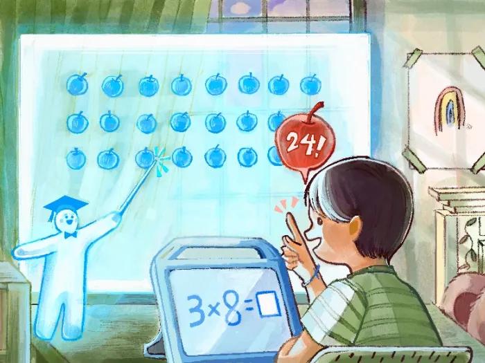 drawing of kid on ipad and chat gpt giving answers and teaching child