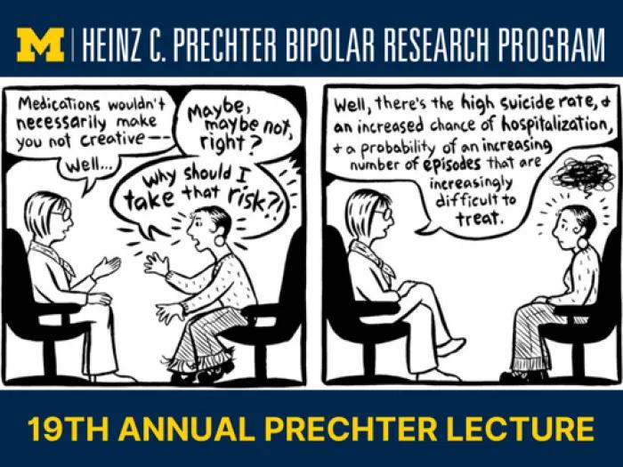 A cartoon in two panels showing a conversation between a healthcare provider and a patient with bipolar disorder. In the first panel, the provider says, "Medications wouldn't necessarily make you not creative—" and the patient interrupts, asking "Maybe, maybe not, right?" and then says, "Why should I take that risk?" In the second panel, the provider responds, "Well, there's the high suicide rate, an increased chance of hospitalization, and a probability of an increasing number of episodes that a
