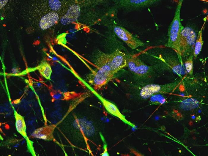 We are currently studying human neural stem cells and their potential role in preventing the onset of, or slowing the progression of, Alzheimer’s disease. This image was taken to understand the cell types that engineered stem cells form, so that we can understand how they might play a role in treating this disease.  Oligodendrocytes or Astrocytes (red) provide structural and metabolic support to neurons. Neurons are stained in green, and the cell nuclei in blue.  
