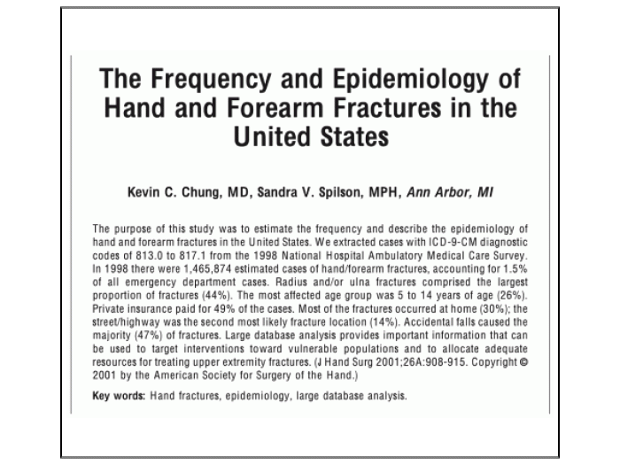 The Frequency and Epidemiology of Hand and Forearm Fractures in the United States