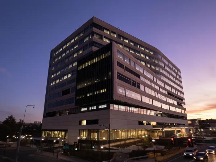 A drone image of the D. Dan and Betty Kahn Health Care Pavilion