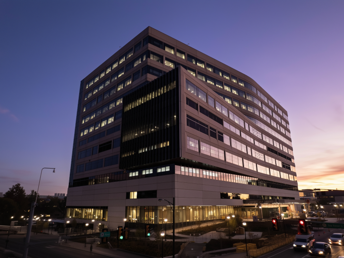 A drone image of the D. Dan and Betty Kahn Health Care Pavilion
