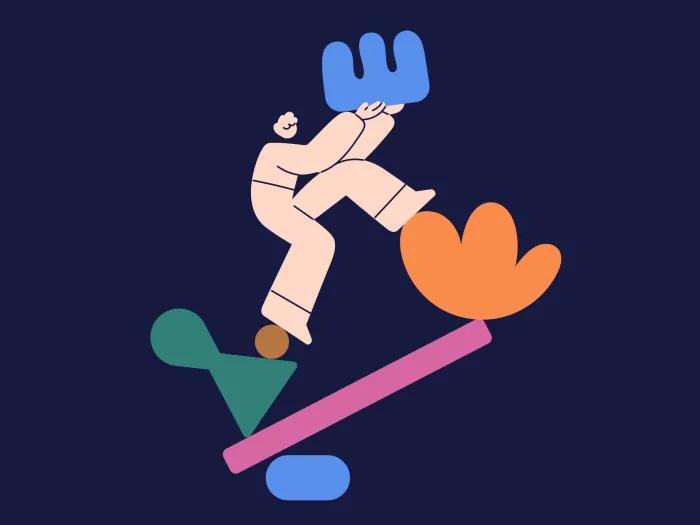 Abstract illustration of a person balancing on a colorful seesaw, holding a large blue "W" shape above their head. The figure stands with one foot on an orange shape, and the seesaw is supported by geometric shapes in green, brown, and blue against a dark blue background.