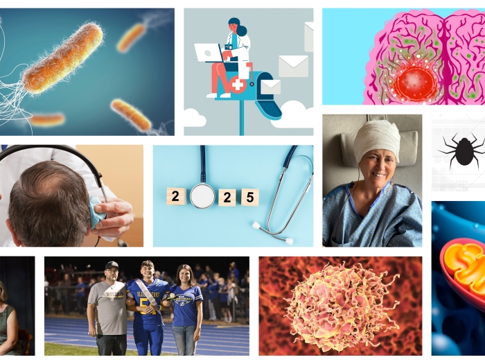 collage of different images of cells headphones stethoscope bugs a brain and more
