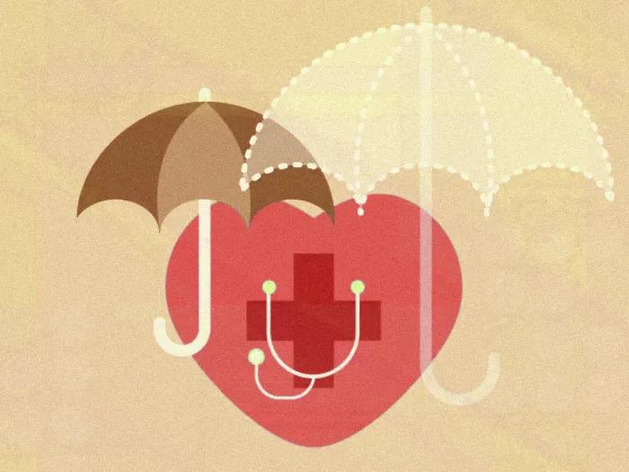graphic of heart in background and umbrellas above yellow red brown white
