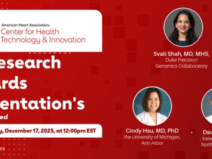 Promotional graphic for the American Heart Association's "AI Research Award Presentations" webinar highlighting Dr. Cindy Hsu as one of the two featured speakers. 
