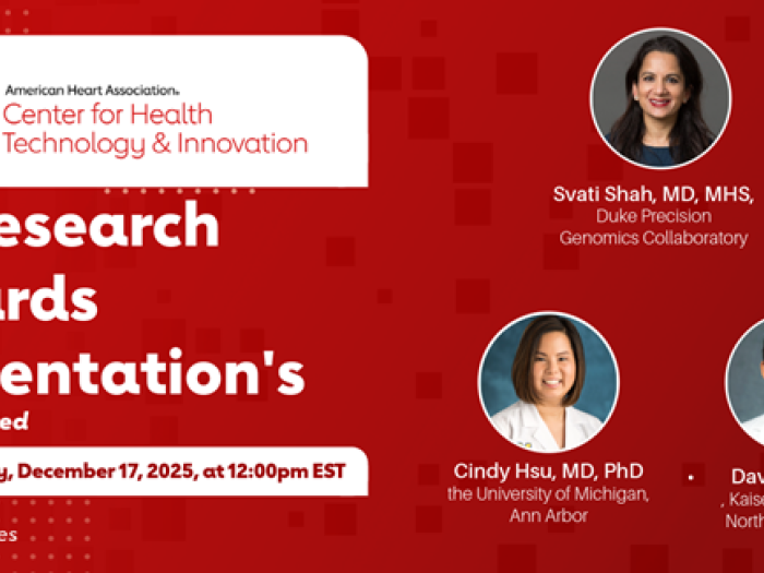Promotional graphic for the American Heart Association's "AI Research Award Presentations" webinar highlighting Dr. Cindy Hsu as one of the two featured speakers. 